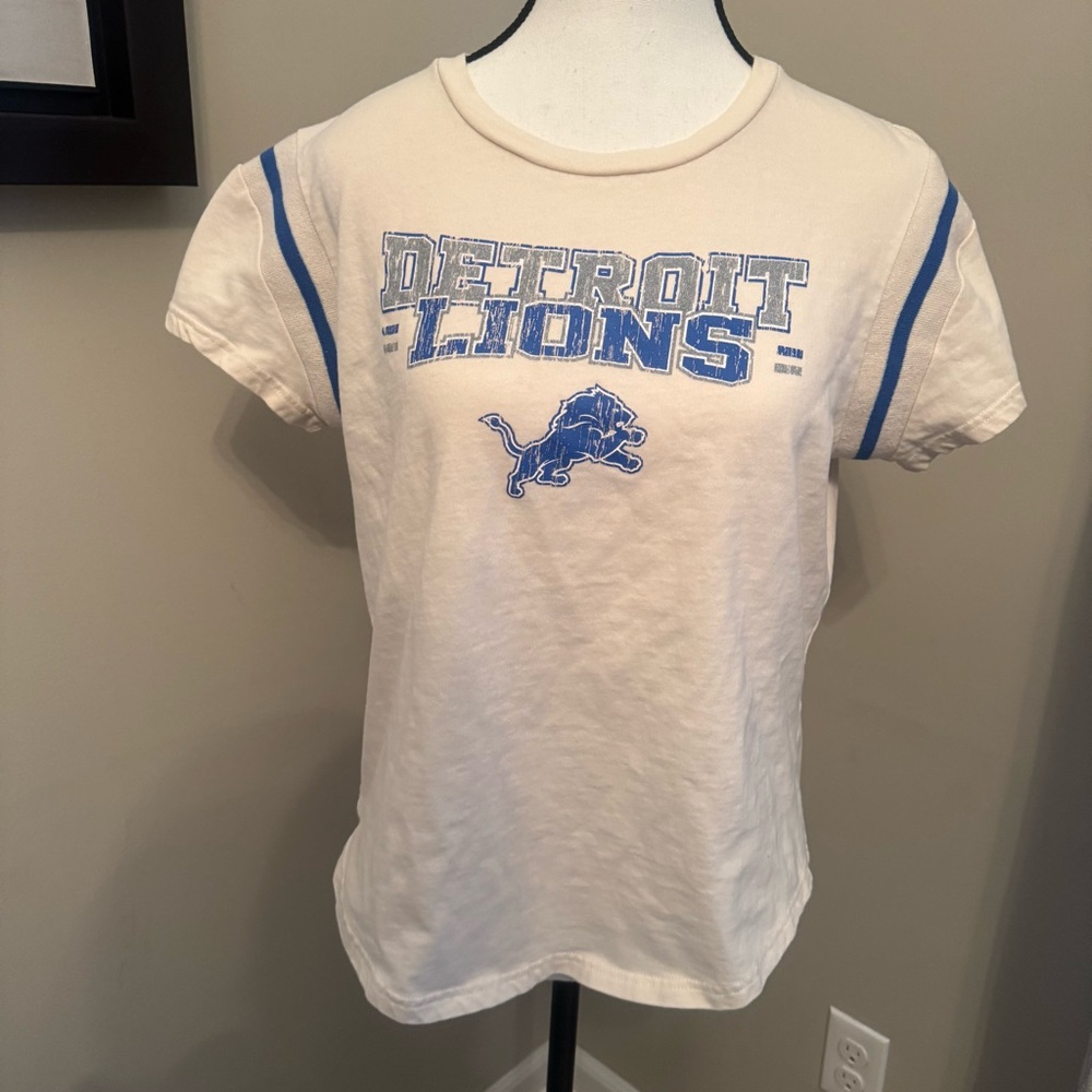 Detroit Lions Women’s Medium Ringer‎ Sleeve NFL T Shirt Cream Blue